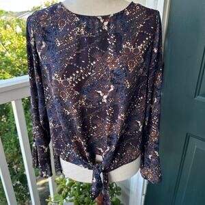 Veronica M Navy Bronze Abstract Print Tie Front Blouse XS Long Sleeve USA Made